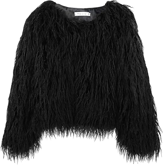 Schwarze Kunstpelzjacke für Damen, modisch und warm, ideal für Herbst und Winter. Perfekt für stilvolle Outfits und besondere Anlässe.