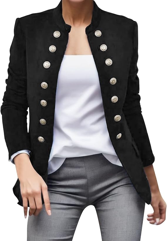 Elegante schwarze Damenjacke mit goldenen Knöpfen, ideal für Business- und Freizeitoutfits. Modische Blazerjacke für stilvolle Auftritte.
