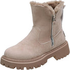 Beige Damen-Winterstiefel mit Reißverschluss, Fellfutter, rutschfeste Sohle, modisch und warm.