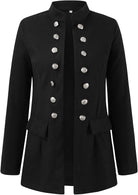 Schwarzer Damenblazer mit silbernen Knöpfen, Stehkragen und Taschen. Eleganter, zeitloser Look für Business und Freizeit. Hochwertige Verarbeitung.