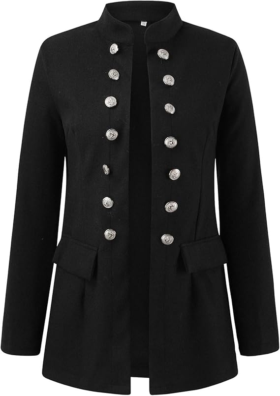 Schwarzer Damenblazer mit silbernen Knöpfen, Stehkragen und Taschen. Eleganter, zeitloser Look für Business und Freizeit. Hochwertige Verarbeitung.