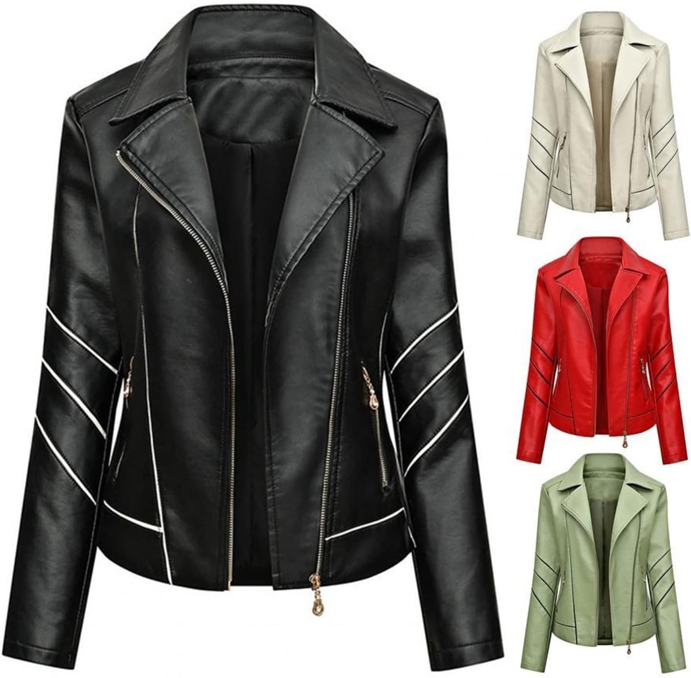 Damen Lederjacke in Schwarz, Rot, Grün und Weiß. Stilvolle Bikerjacke mit Reißverschluss, ideal für Herbstmode. Hochwertige Kunstlederjacke.