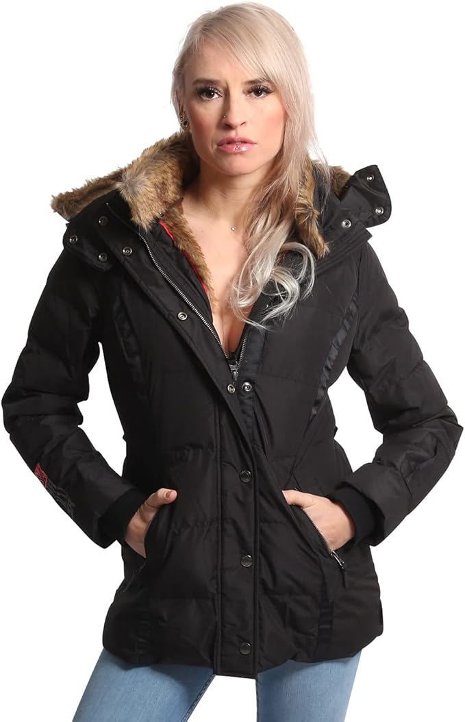 Schwarze Damen-Winterjacke mit Kapuze und Kunstfellbesatz, ideal für kalte Tage. Modisch, warm und vielseitig kombinierbar.