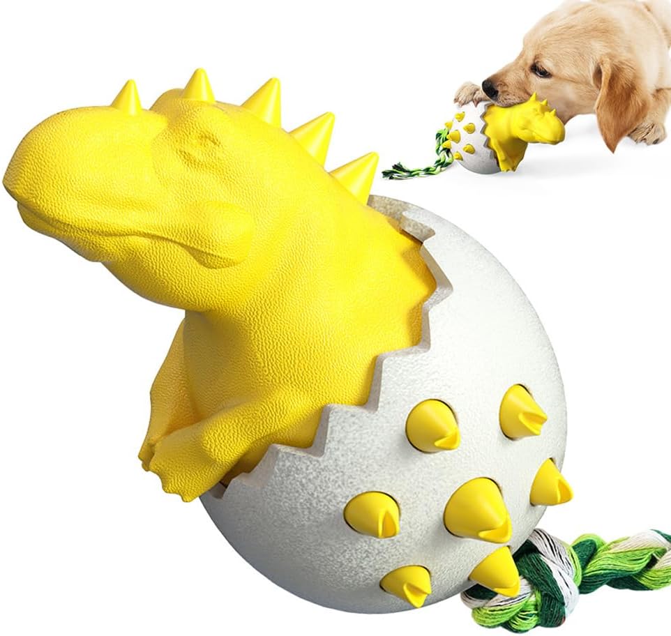 Gelbes Dinosaurier-Hundespielzeug aus robustem Material, ideal für Welpen. Fördert Zahngesundheit und interaktives Spielen. Perfekt für Kauspielzeug.