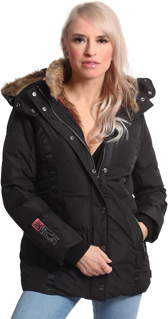 Schwarze Damen-Winterjacke mit Kapuze und Kunstfellbesatz, warm gefüttert, ideal für kalte Temperaturen. Perfekt für stilvolle Wintermode.