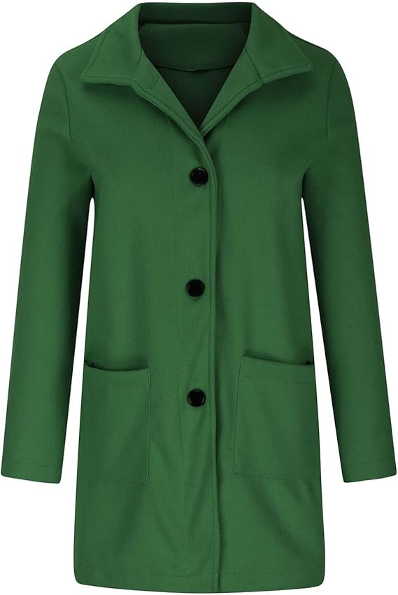 Grüner Damenmantel mit Knopfleiste, langen Ärmeln und Taschen. Stilvoller Herbstmantel, ideal für elegante und lässige Outfits.