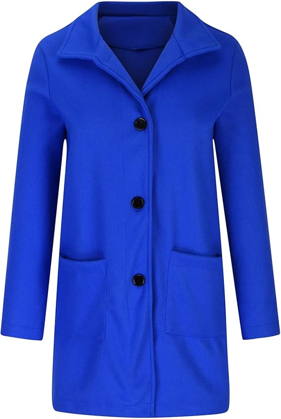 Damenmantel in leuchtendem Blau, knielang mit Knopfleiste und Taschen. Perfekt für Herbstmode, stilvoll und elegant.