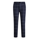 Dunkelblaue karierte Hose, Herrenmode, Baumwolle, elegantes Design, kariertes Muster.