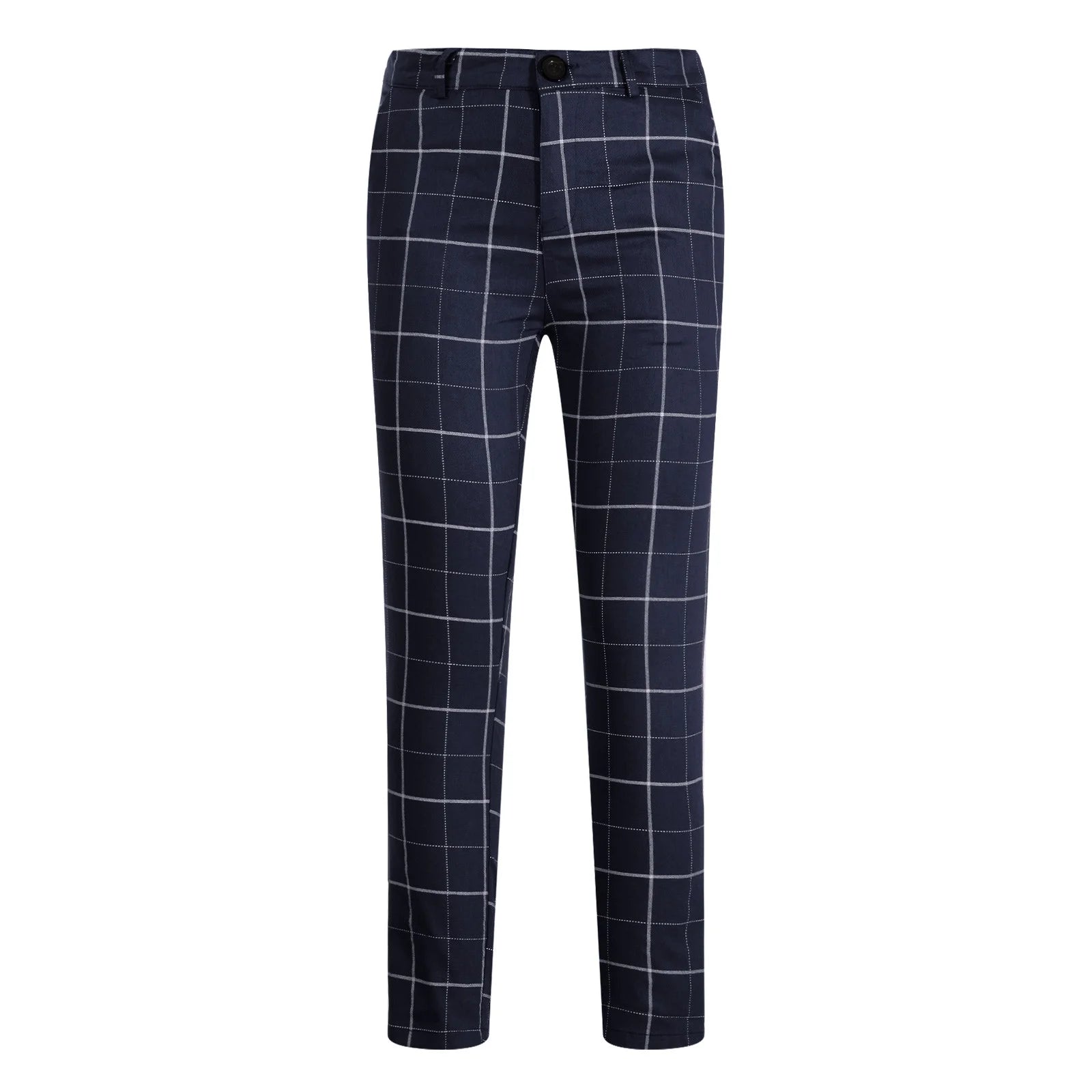Dunkelblaue karierte Hose, Herrenmode, Baumwolle, elegantes Design, kariertes Muster.