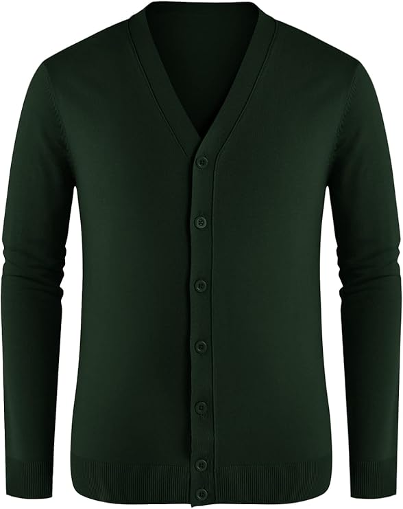 Dunkelgrüne Strickjacke für Herren, V-Ausschnitt, Knopfleiste, langärmlig. Perfekt für Herbstmode, stilvoll und vielseitig kombinierbar.