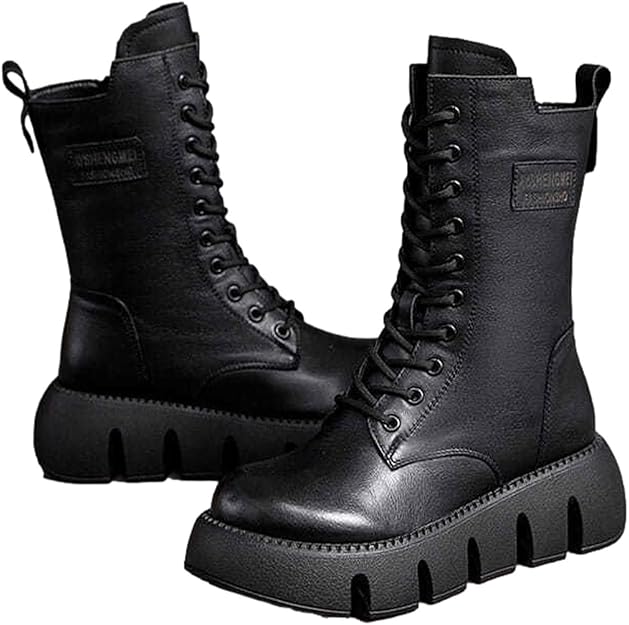 Schwarze Damen-Schnürstiefel mit dicker Sohle, modisch und robust, ideal für Herbst und Winter. Perfekt für urbanen Stil und Outdoor-Aktivitäten.