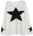 Weißer Pullover mit schwarzen Sternen, Damenmode, Strickpullover, lässiger Stil, weiches Material, ideal für Herbst und Winter, modisches Design.