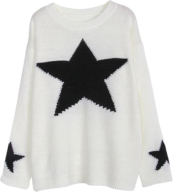 Weißer Pullover mit schwarzen Sternen, Damenmode, Strickpullover, lässiger Stil, weiches Material, ideal für Herbst und Winter, modisches Design.