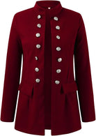 Eleganter roter Damenmantel mit Stehkragen und dekorativen Knöpfen. Perfekt für Herbstmode, stilvoll und zeitlos. Hochwertige Verarbeitung.