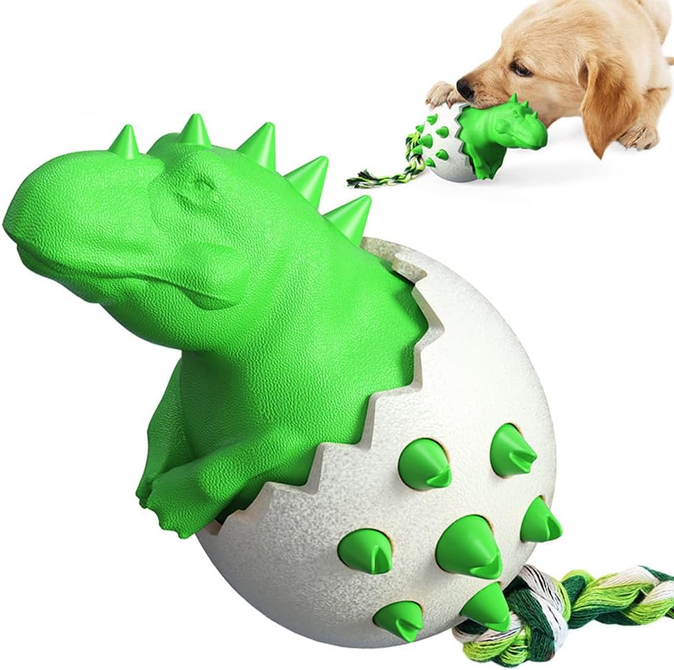 Grünes Dinosaurier-Hundespielzeug aus Gummi, robust und interaktiv, ideal für Welpen. Perfekt für Kauen und Spielen, langlebig und sicher.