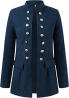 Dunkelblaue Damenjacke mit Stehkragen und silbernen Knöpfen, eleganter Militärstil, ideal für Herbstmode, stilvolle Oberbekleidung.