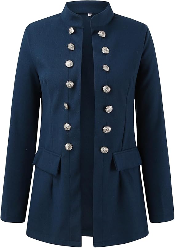 Dunkelblaue Damenjacke mit Stehkragen und silbernen Knöpfen, eleganter Militärstil, ideal für Herbstmode, stilvolle Oberbekleidung.