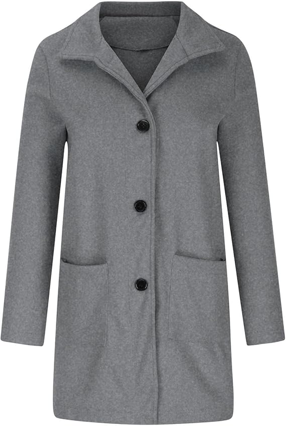 Grauer Damenmantel mit Knopfleiste, klassischem Kragen und zwei Taschen. Eleganter Herbstmantel, ideal für stilvolle Outfits.