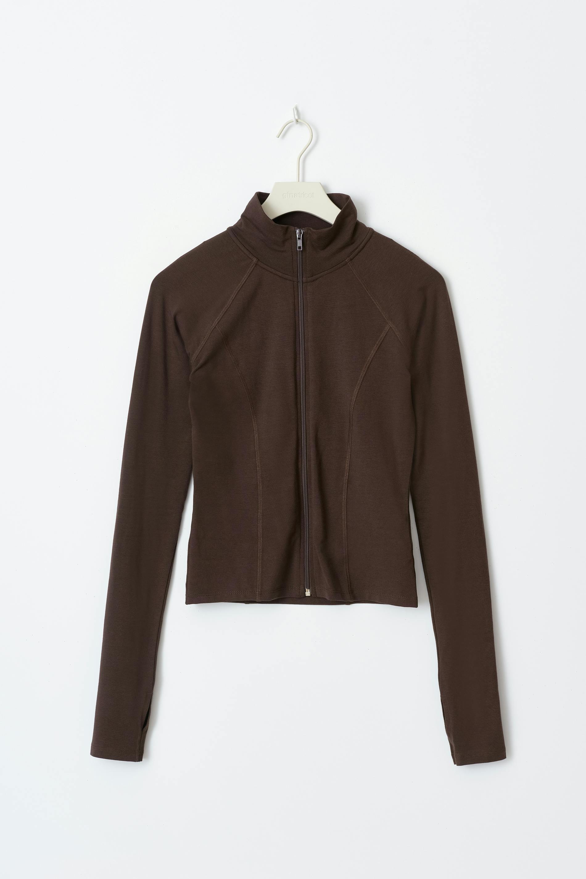 Dunkelbraune Damenjacke mit Reißverschluss, langärmelig, aus Baumwolle. Perfekt für Herbstmode, stilvoll und vielseitig kombinierbar.