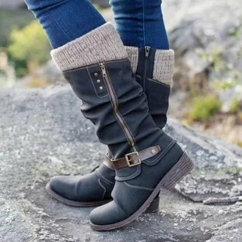 Damenstiefel aus Leder mit Schnallen und Reißverschluss, gefüttert, ideal für Herbstmode. Bequeme, stilvolle Stiefel für Outdoor-Aktivitäten.