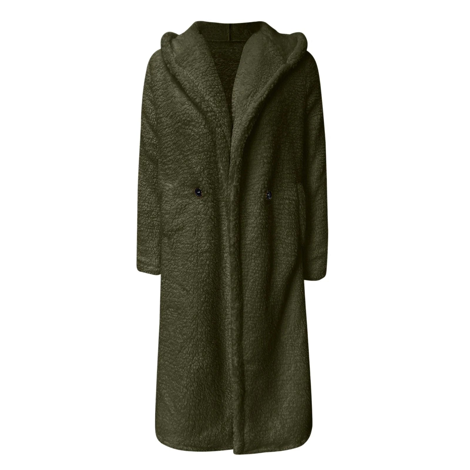 Damen Wintermantel aus Kunstpelz in Olivgrün, lang und warm, ideal für kalte Tage. Modischer Mantel mit Kapuze und Knopfverschluss.