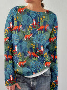 Damenpullover mit Fuchs- und Waldmotiv, bunt bedruckt, langärmelig, ideal für Herbstmode. Bequem und stilvoll für Freizeitkleidung.
