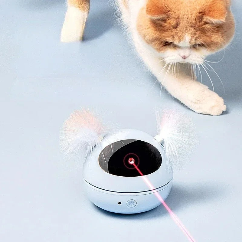 Katzenspielzeug mit Laser, interaktiv, weiß, flauschige Ohren, für Unterhaltung und Bewegung.