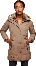 Damen Winterjacke mit Kapuze, beige, gesteppte Optik, warm gefüttert, ideal für kalte Tage, modisch und funktional, hochwertige Verarbeitung.