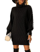 Damen Strickkleid, schwarz, Rollkragen, Zopfmuster, lange Ärmel, modisch, elegant, Herbstmode, bequem, vielseitig, warm.