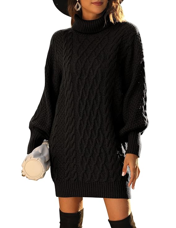 Damen Strickkleid, schwarz, Rollkragen, Zopfmuster, lange Ärmel, modisch, elegant, Herbstmode, bequem, vielseitig, warm.