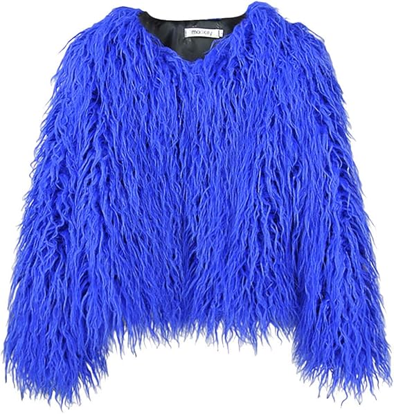 Blaue Kunstpelzjacke für Damen, modisch und warm, ideal für Herbst und Winter. Trendige Oberbekleidung, weiches Material, auffälliges Design.
