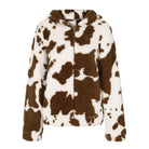 Kuschelige Damenjacke mit Kuhmuster, braun-weiß, Kapuze, modisch, warm, Winterbekleidung.