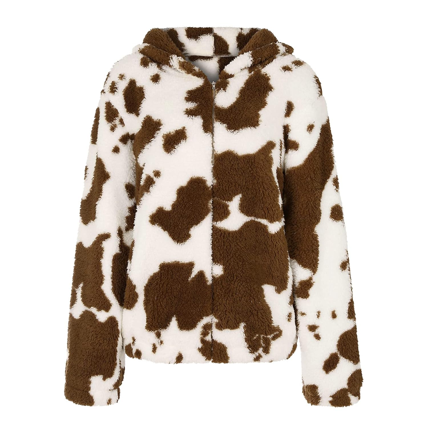 Kuschelige Damenjacke mit Kuhmuster, braun-weiß, Kapuze, modisch, warm, Winterbekleidung.