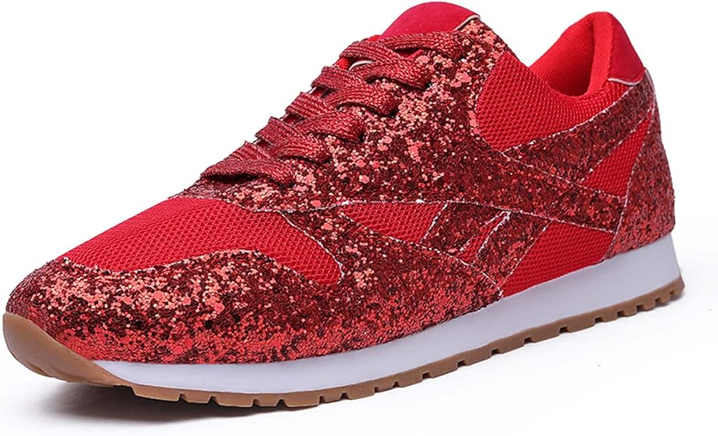 Roter Glitzer-Sneaker mit weißer Sohle, ideal für Damenmode. Bequeme Sportschuhe, trendig und auffällig, perfekt für Freizeit und Sport.