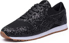 Schwarzer Sneaker mit Glitzer, atmungsaktivem Mesh-Obermaterial und rutschfester Gummisohle. Perfekt für Damenmode und Freizeitkleidung.