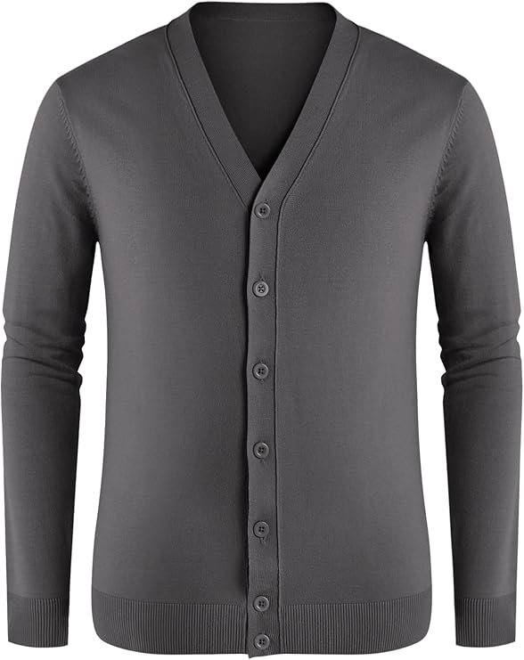 Grauer Herren-Cardigan mit V-Ausschnitt, Knopfleiste und langen Ärmeln. Perfekt für eleganten Freizeitlook. Hochwertige Strickmode.