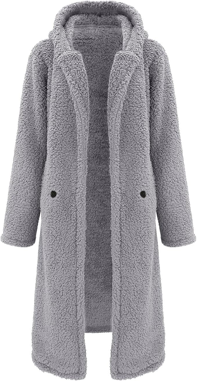Grauer Damen Teddy-Mantel mit Kapuze, kuschelig und warm, ideal für Herbst und Winter. Modischer Lammfell-Look, perfekt für kalte Tage.