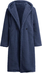 Dunkelblauer Teddy-Mantel mit Kapuze, kuschelig und warm, ideal für Herbst und Winter. Modischer Damenmantel, weiches Fleece, trendige Outerwear.