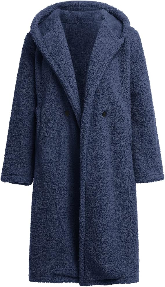 Dunkelblauer Teddy-Mantel mit Kapuze, kuschelig und warm, ideal für Herbst und Winter. Modischer Damenmantel, weiches Fleece, trendige Outerwear.