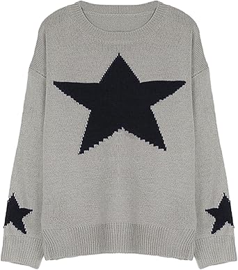 Grauer Pullover mit schwarzem Sternmotiv, lässiger Strick, modischer Damenpullover, ideal für Herbst und Winter, gemütlicher Stil.