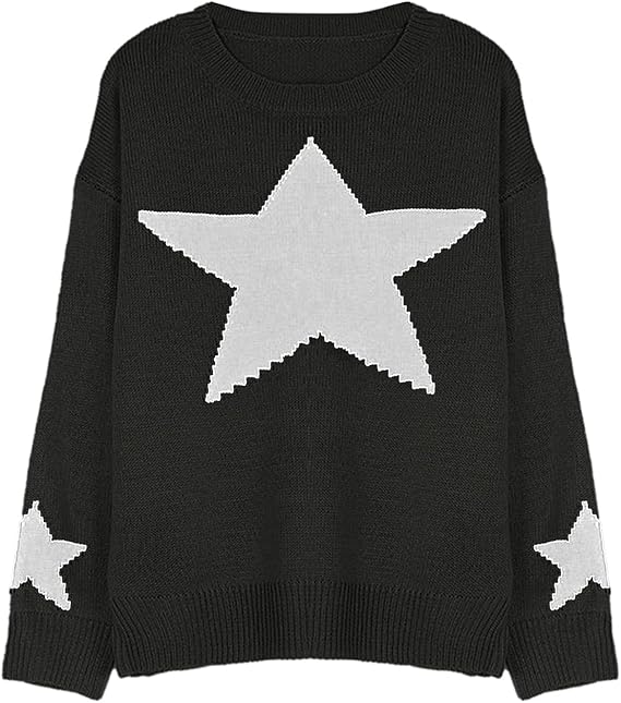 Schwarzer Pullover mit großem weißen Sternmotiv, lässiger Schnitt, weiches Material, ideal für Herbstmode, Damenbekleidung, trendiger Look.