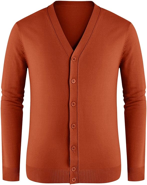 Herren Strickjacke in Ziegelrot, V-Ausschnitt, Knopfleiste, langärmelig. Perfekt für Herbstmode, stilvoll und bequem. Ideal für Freizeitkleidung.