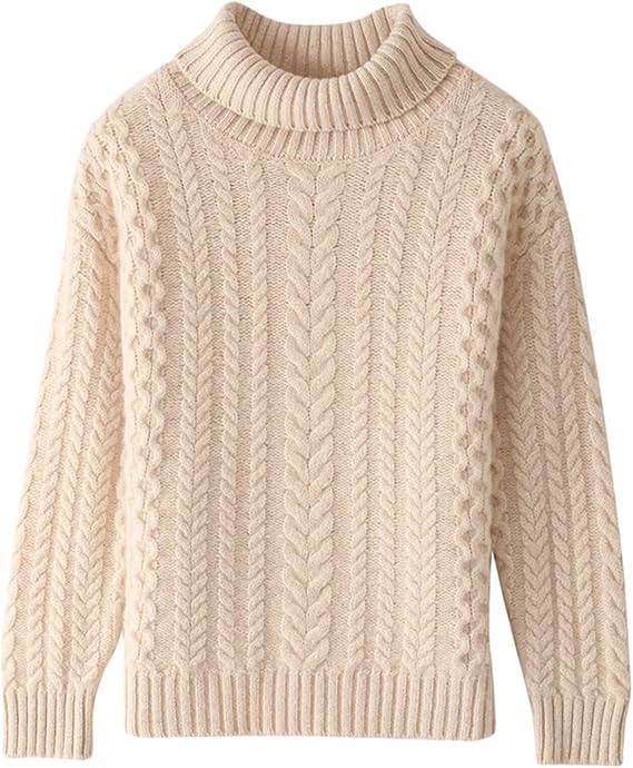 Beiger Strickpullover mit Zopfmuster, Rollkragen und langen Ärmeln. Perfekt für Herbstmode, warm und stilvoll. Hochwertige Strickware.