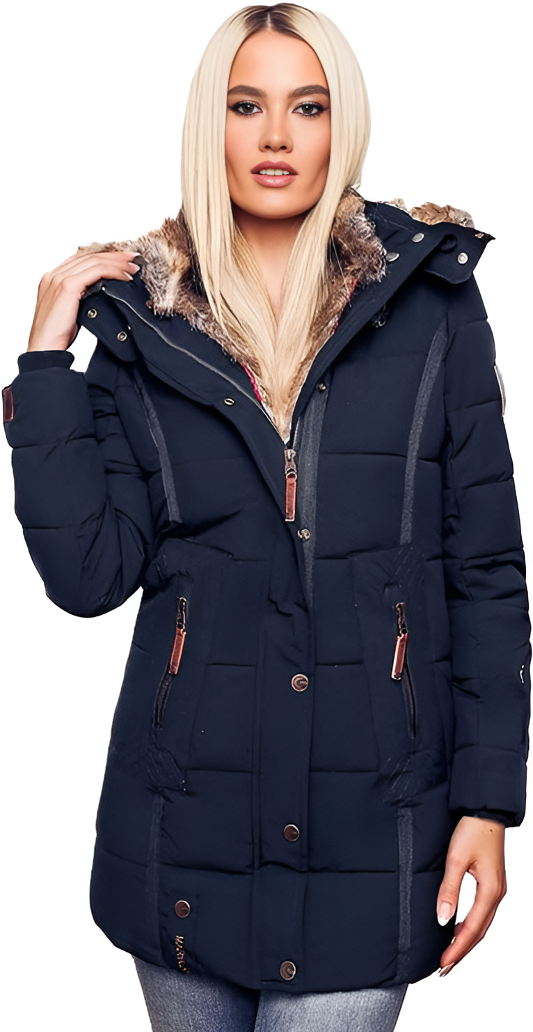 Damen Winterjacke mit Kapuze, dunkelblau, gesteppte Optik, Kunstfellbesatz, warm gefüttert, ideal für kalte Tage, modisch und funktional.