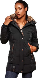 Damen Winterjacke mit Kapuze, schwarz, warm gefüttert, modisch, ideal für kalte Tage, stilvoller Look, hochwertige Materialien.