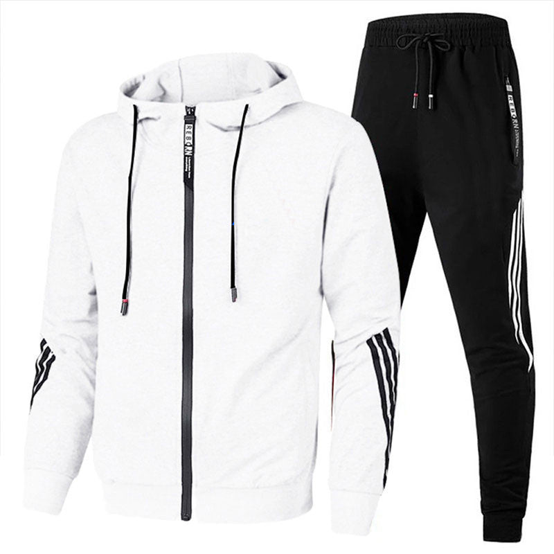 Herren-Sportanzug in Weiß und Schwarz, bestehend aus Kapuzenjacke und Jogginghose. Ideal für Freizeit, Laufen und Sport. Bequem und modisch.