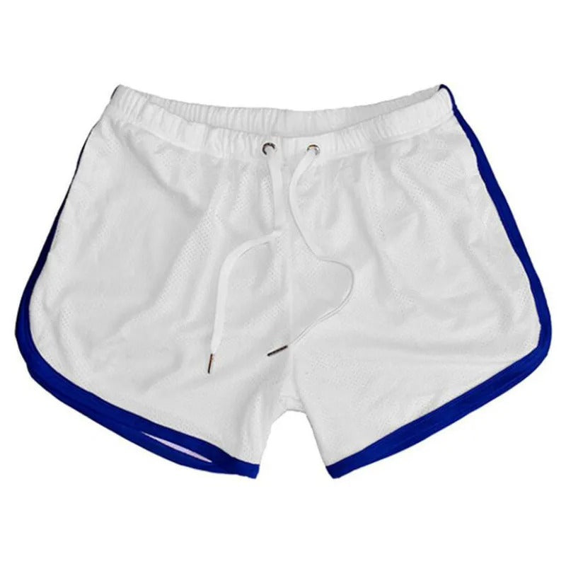 Weiße Sportshorts mit blauen Streifen, elastischer Bund, Kordelzug, atmungsaktives Material.