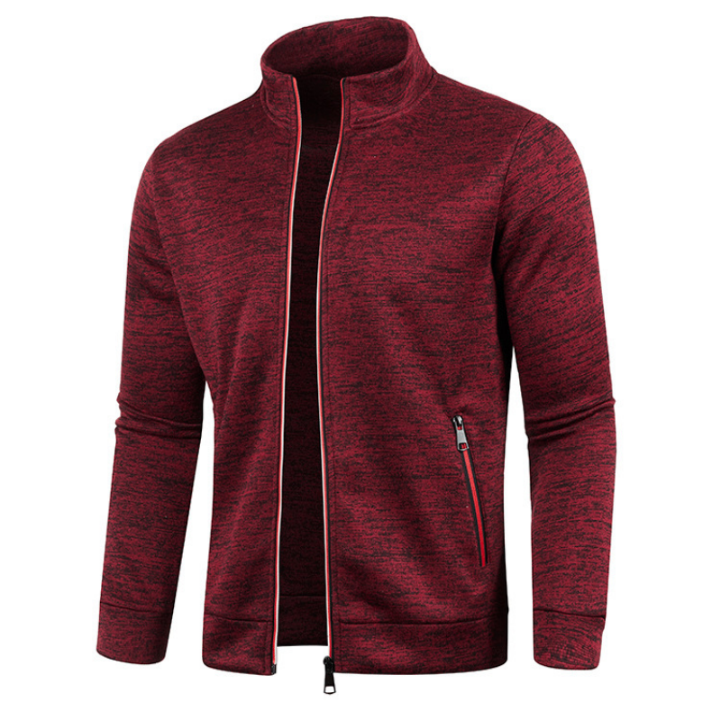 Rote Herren-Sweatshirtjacke mit Reißverschluss, Stehkragen und Taschen. Modische Herrenbekleidung, ideal für Freizeit und Sport.