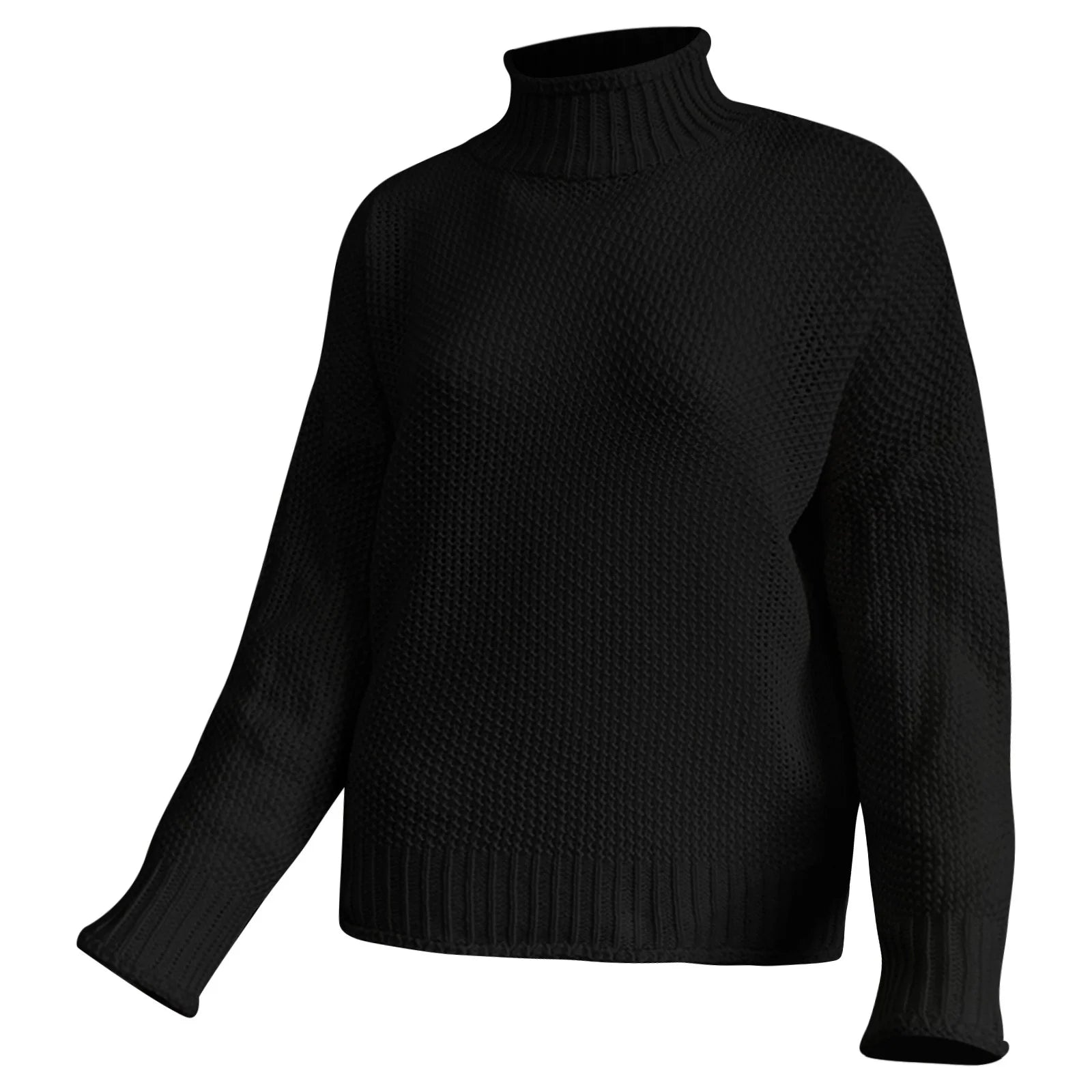 Schwarzer Strickpullover mit Rollkragen, Damenmode, warm und stilvoll, ideal für Herbst und Winter. Hochwertige Materialien, zeitloses Design.