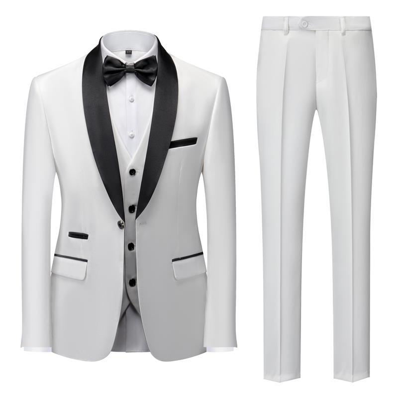 Eleganter weißer Smoking mit schwarzem Revers und Fliege, ideal für Hochzeiten und formelle Anlässe. Hochwertiger Anzug für Herren.